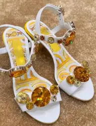 Carpaton Newest Rhinestones Beaded Chunky Heels Sandals for Women Summer Open Toe Ankle Strap High Heel Dress Shoes