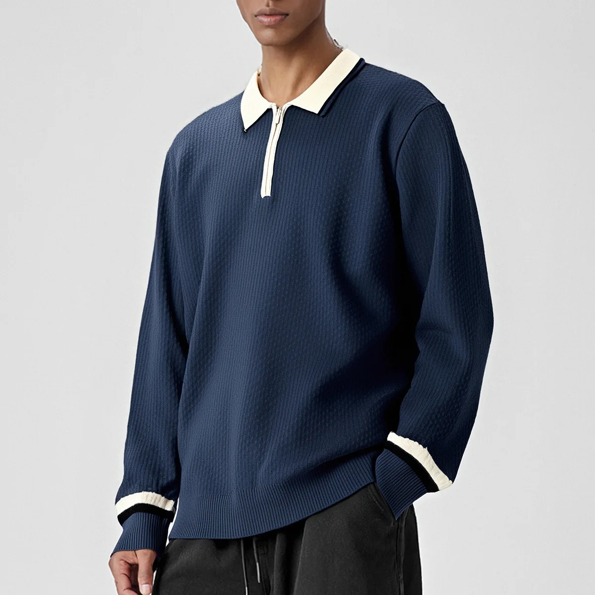 New Men's Knitting Sweater with Zippered Neckline Contrast Color Lapel Design High End Fashionable Style