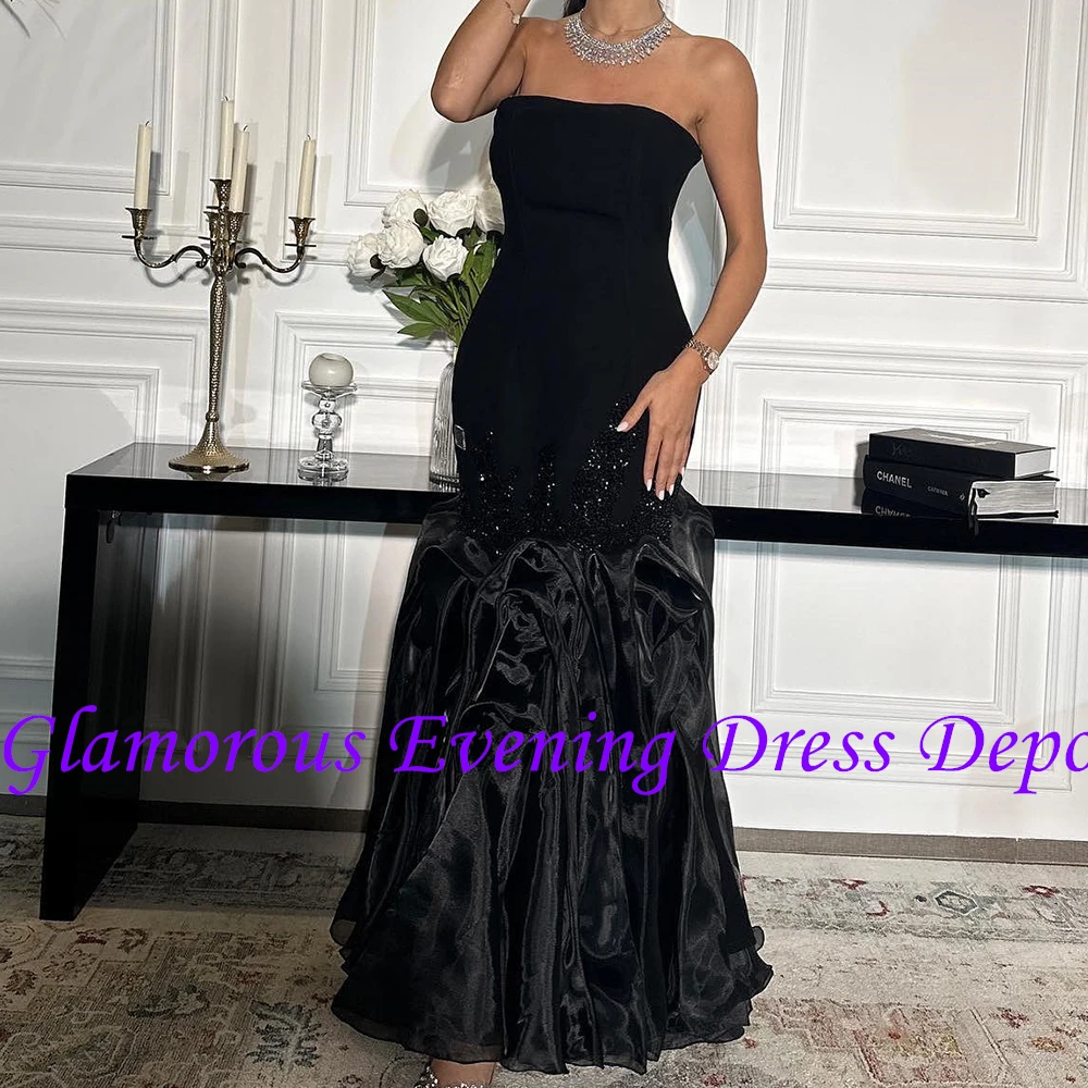 ที่กําหนดเองโมเดิร์นจีบคริสตัลชุดราตรีประณีต Mermaid สีดําซิปด้านหลังชุดพรรค Vestidos Para Mujer