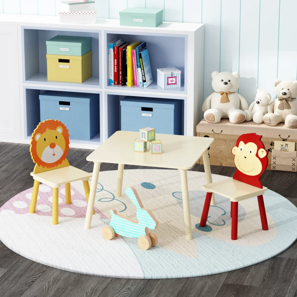 Kids Table and 2 Chairs Set, 3 Pieces Toddler Table and Chair Set, Wooden Activity Play Table Set (Lion&Monkey)