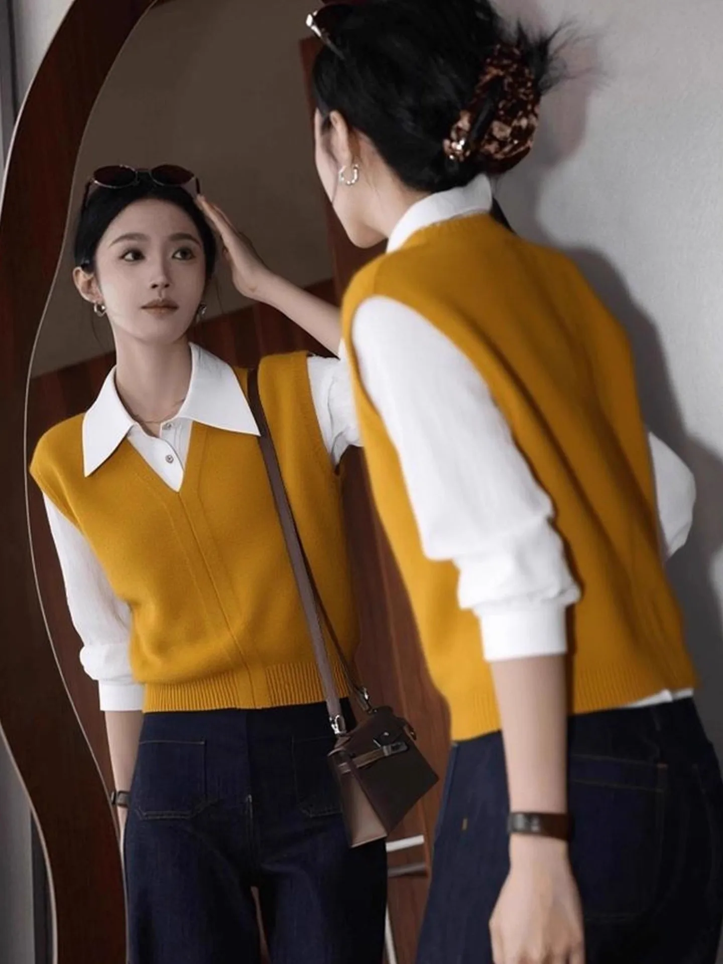 

Yellow Splice Knitted irt Women's Autumn Winter New Sle Slimming Inner Wear Trendy Top Comfortable Moderate Softn Long...