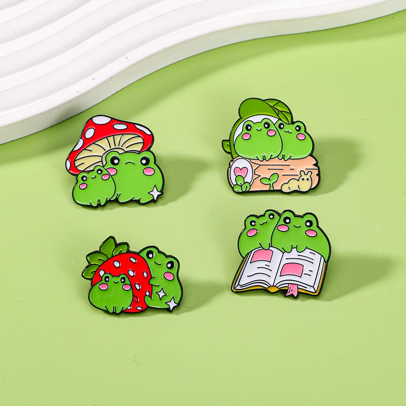 Kawaii Cute Cartoon Book Strawberry Mushroom Frog Couple Enamel Pins Brooches For Backpack Jewelry