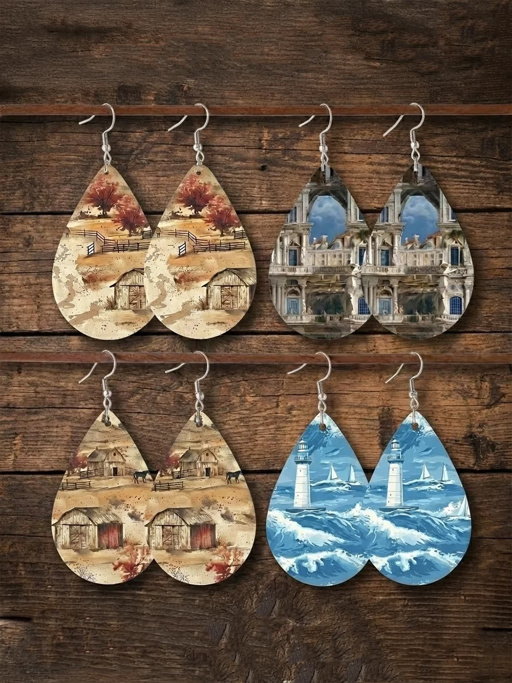 4-teiliges Tropfen-Ohrring-Set, Vintage-Western-Bauernhof, Gebäude und Ozean, Leuchtturm-Landschaft, Damenmode, Holz-Anhänger-Ohrring-Set, geeignet für den täglichen Urlaub, Gedenkgeschenk