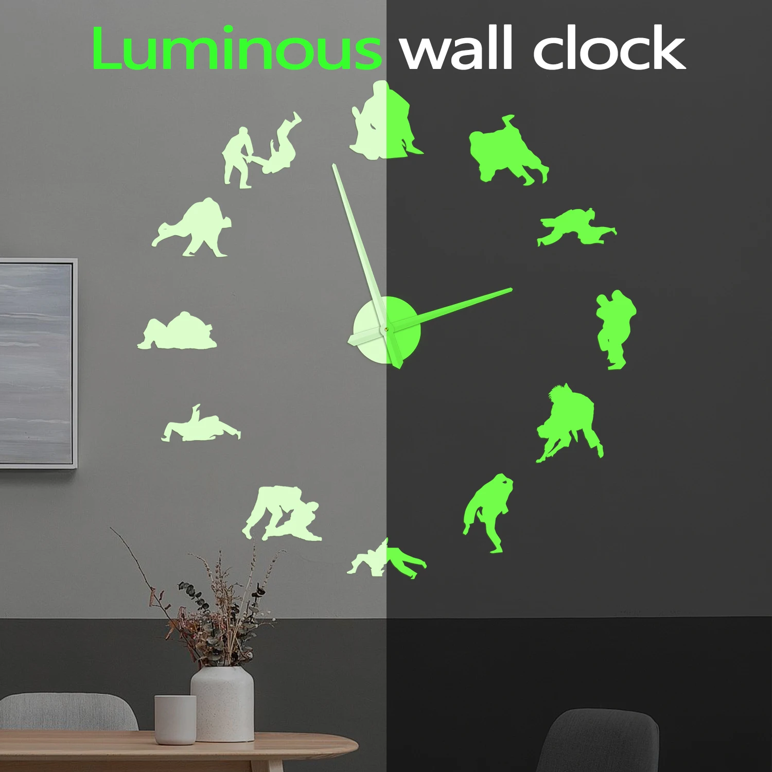 Wrestling Fighter DIY Wall Clock Glow in Dark Martial Arts Jiu Jitsu Wall Art Luminous Self Adhesive Sticker Night Visible Clock