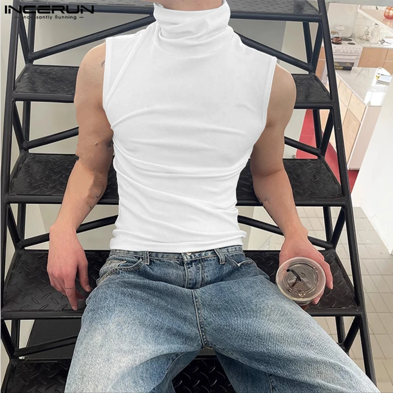 INCERUN الرجال تانك القمم الصلبة الياقة المدورة أكمام الذكور سترات الصيف الشارع الشهير الكورية نمط 2025 موضة ملابس الرجال غير رسمية