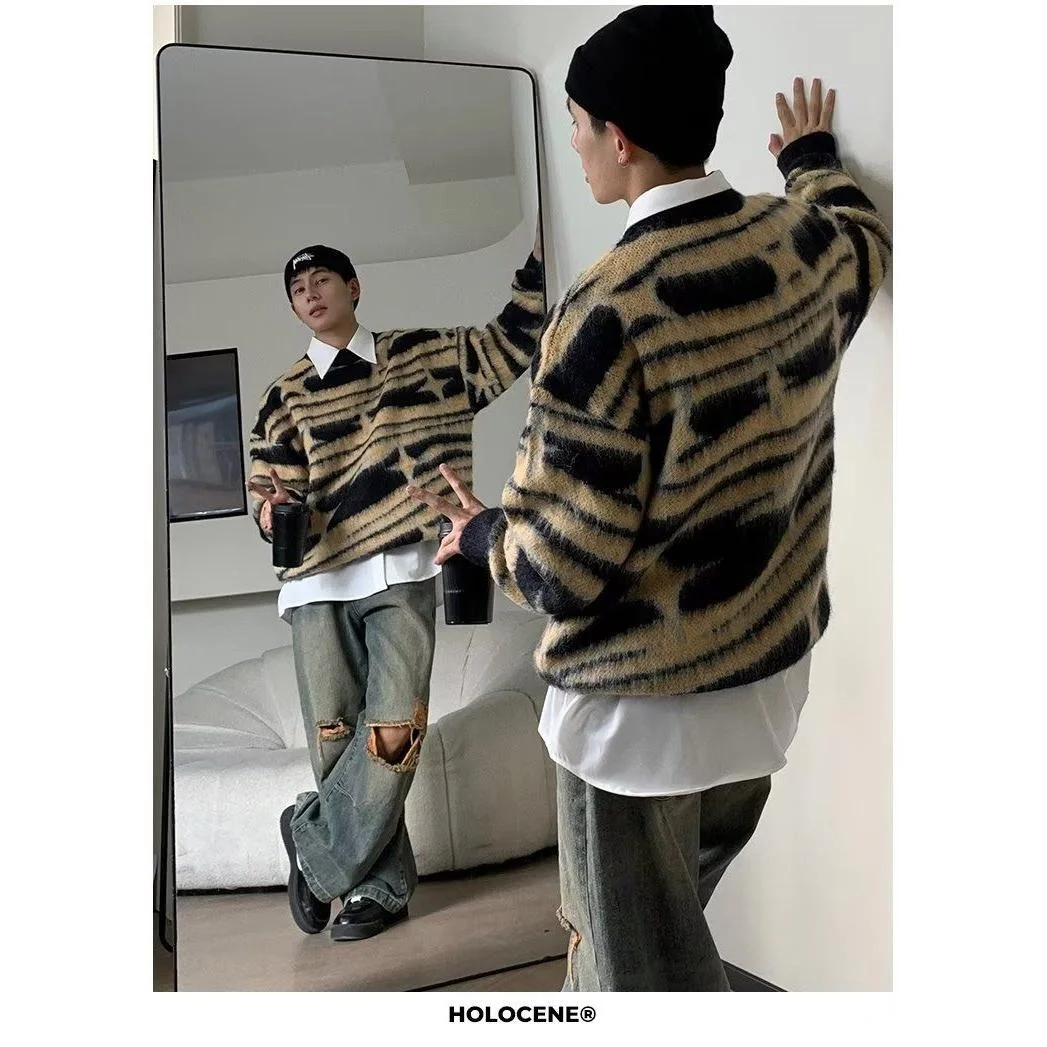 

American Sle Loose Men's Knitted Sweater Soft Plu Deer Velvet Stripe Pattern Autumn Faion Casual Long Sve round Ne