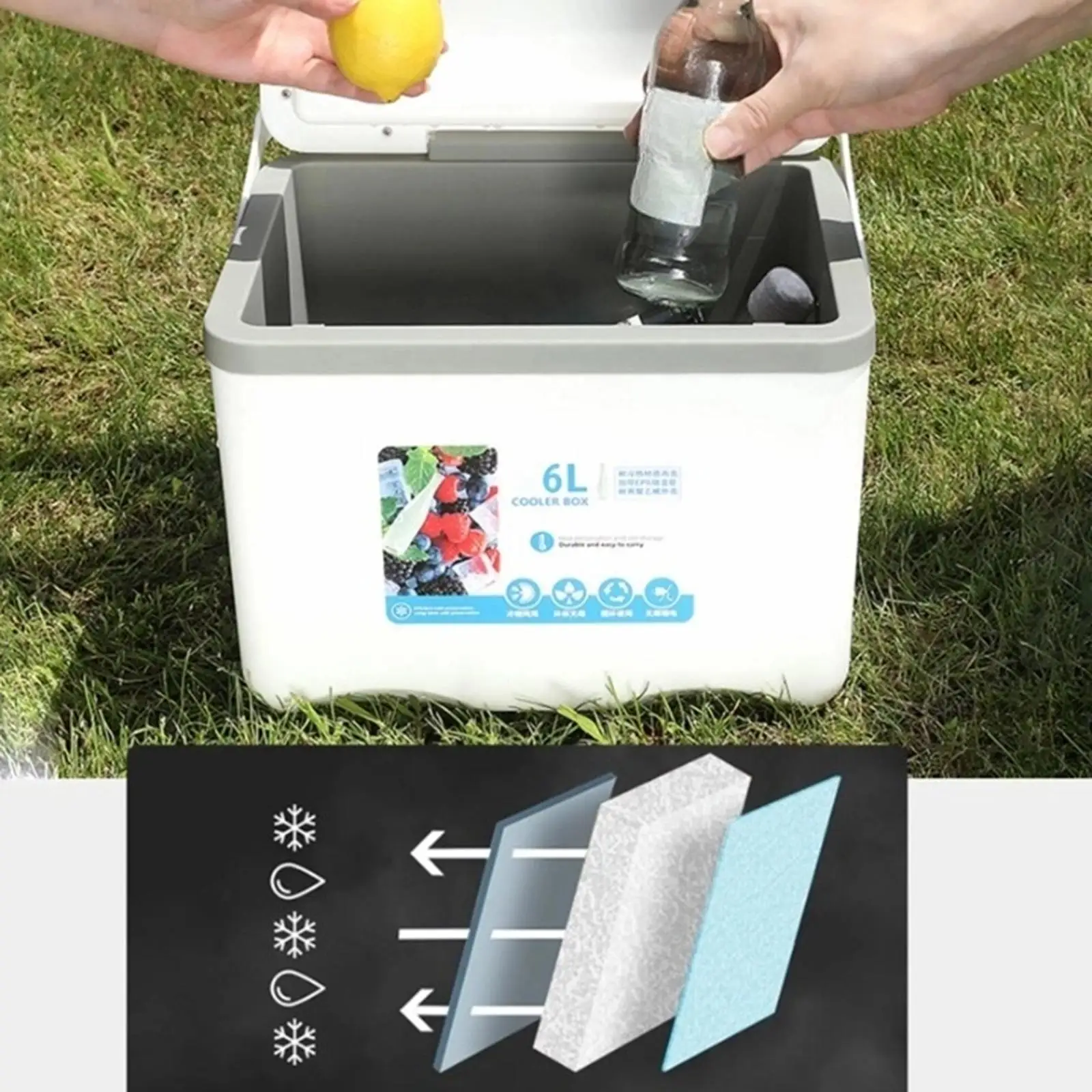 6L断熱ポータブルハードクーラーボックス、環境に優しい保冷食品容器、旅行、釣り、ボート旅行用