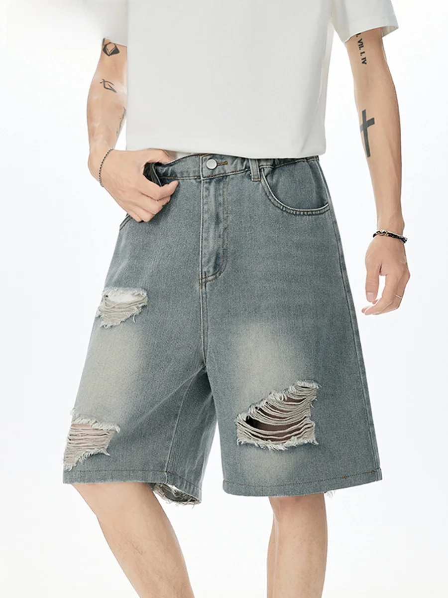 Shorts Jeans Retrô Desgastados Unissex Estilo Americano com Perna Larga e Caimento Solto para Jovens - Respiráveis e Casuais