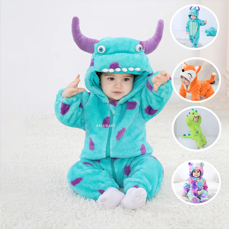 

Kigurumis Baby Girls Clothes Romper Lovely Infant Baby Onesie Bodysuit Cartoon Animals Zipper Hooded Flannel Cosplay Jumpsuits