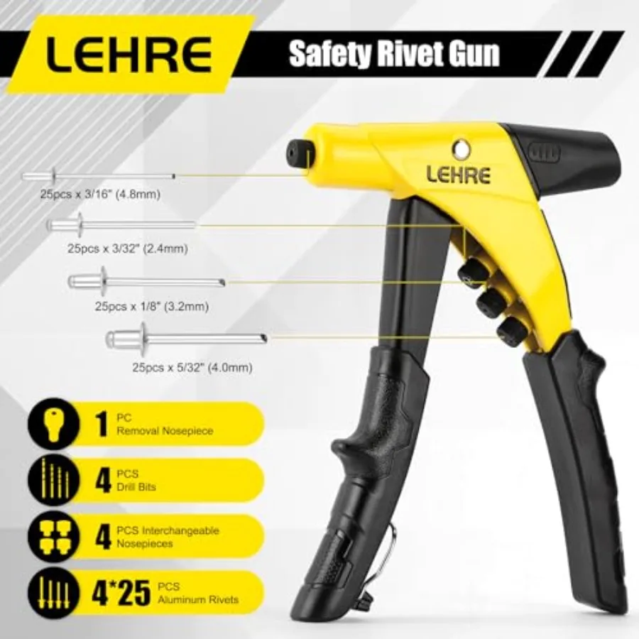 공구 없이 교체 가능한 헤드와 내장형 맨드릴 컨테이너 ID가 포함된 중장비 작업용 한손 안전 리벳 건 세트