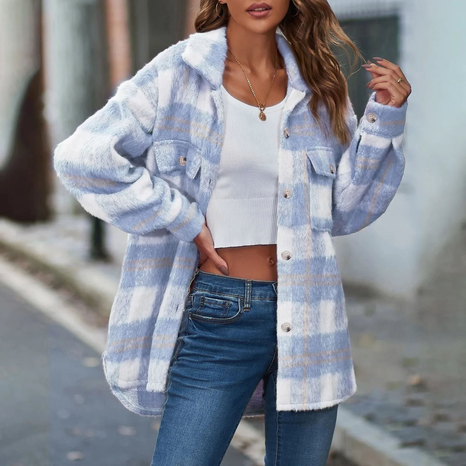 Women Shacket Fashion Plaid Blouse Thickened Woolen Peacoat Single Breasted Lapel Checked Jacklets Autumn Side Split Coats