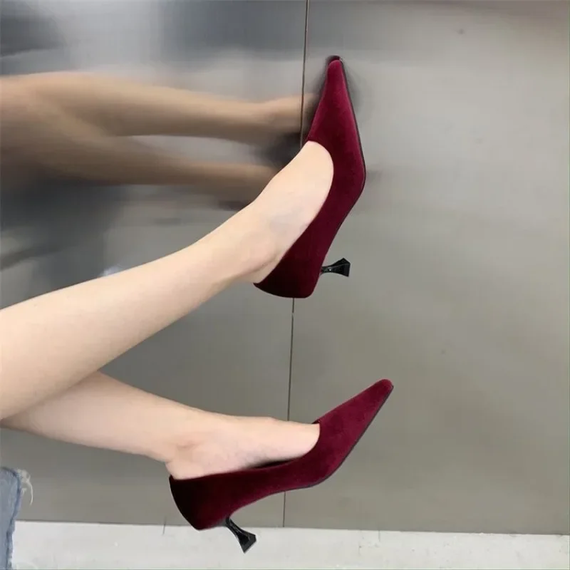 2024 Fashion Heels Shoes Women Low Heel Pointed Toe Pumps Velvet Shoes Slip-on Cozy Heeled Shoes High Heels Women Zapatos Mujer