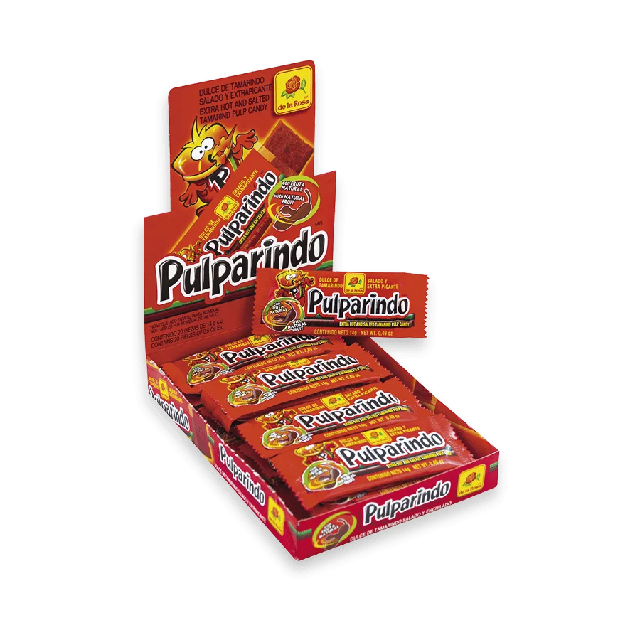 De la Rosa Pulparindo Extra picante de Tamarido display de 20 unidades! 280gr/10oz - Dulce de Tamarindo salado y enchilado