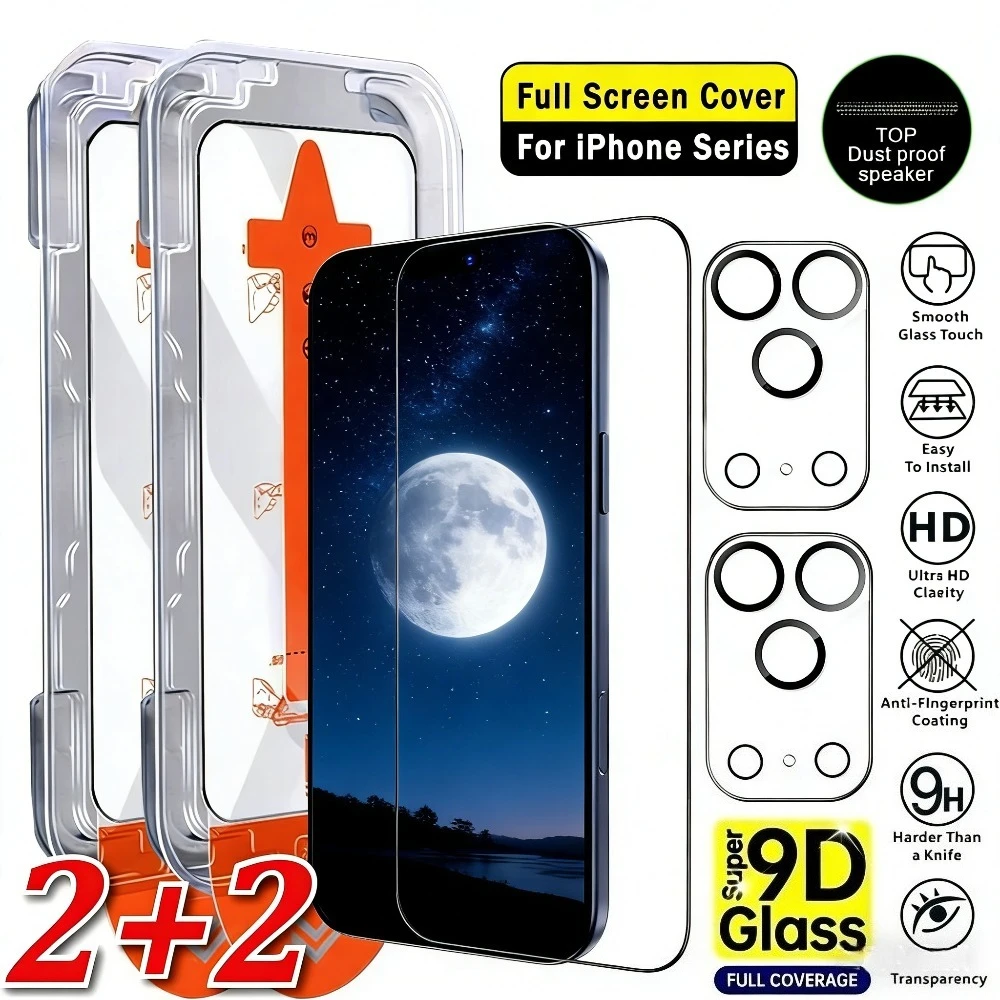 

Защитное стекло 4-в-1 Ultra Clear для iPhone 17, 16, 15, 14, 13 Pro Max, Air 15, 16 Plus, 12, 11 Pro, Mini с установкой в один клик