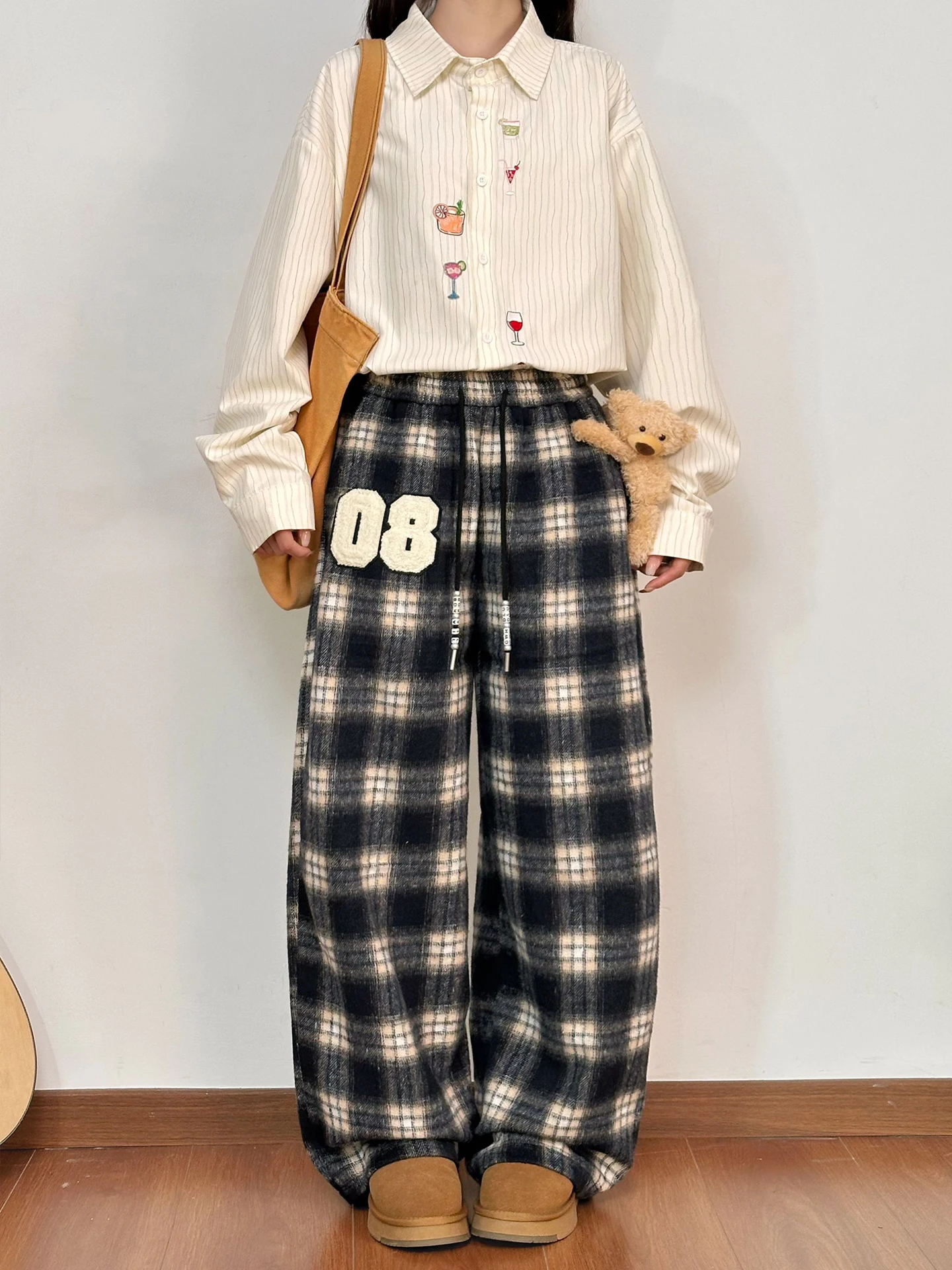 

Распродано: Оригинальные американские ретро-брюки в клетку с принтом медведя, широкие, повседневные, женские, свободные, прямые, длинные, в уличном стиле