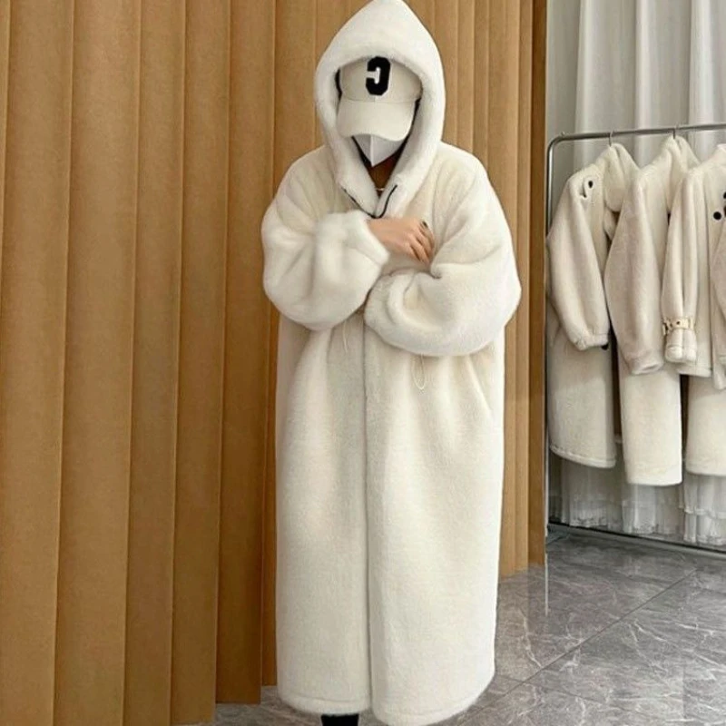 Winter Long Oversized Warm Thick Blue White Fluffy Faux Fur Coat Women with Hood 2024 Loose Casual Korean Style Fashion