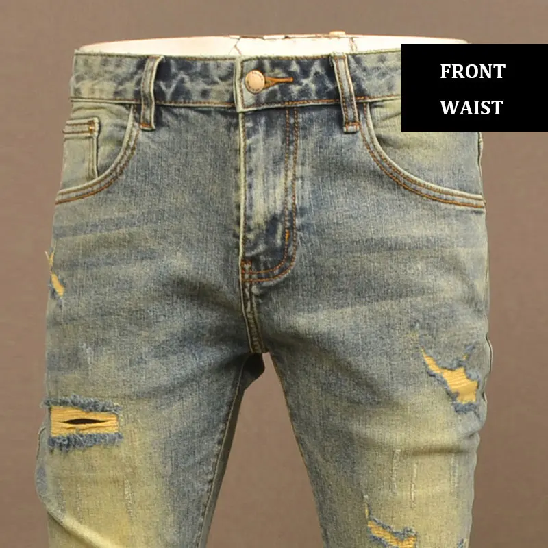 Street Fashion Men Jeans Retro Washed Blue Stretch Skinny Fit Hole Ripped Jeans Men Vintage Designer Hip Hop Denim Pencil Pants