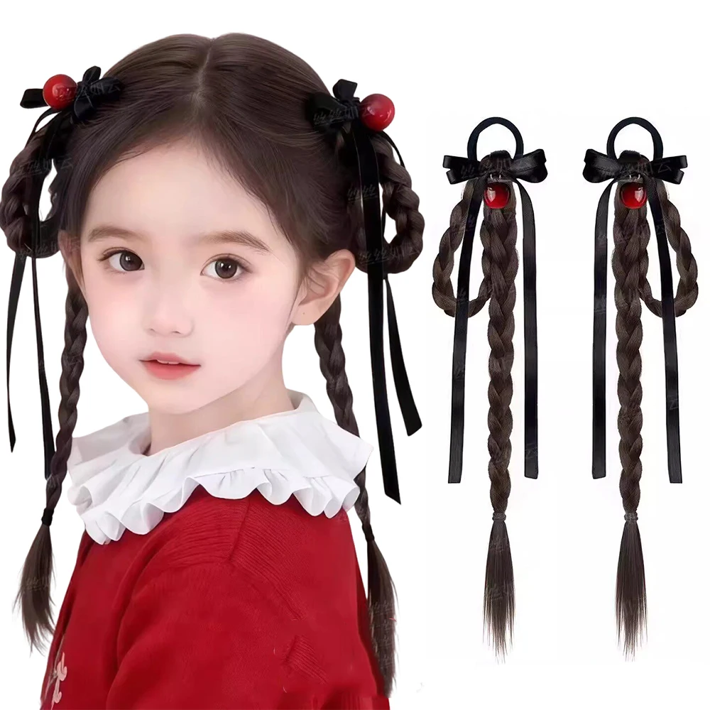 

2Pcs Kids Synthetic Braided Ponytail Bow Hair Accessories Heat Resistant Cute Hairpiece for Girls Daily Party Birthday Decor