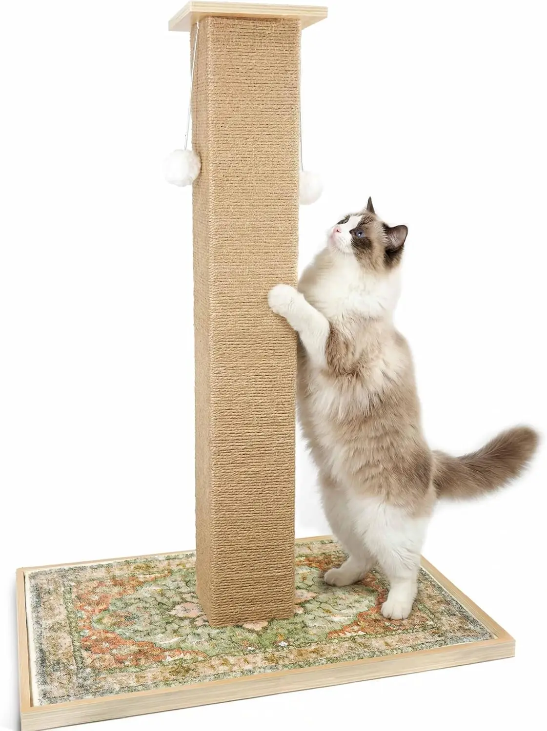 

Tall Cat Scratching Post, 33" Boho Carpet Cat Scratcher with Perch for Indoor Cats, Large Base Sisal Scratch Post for Ad