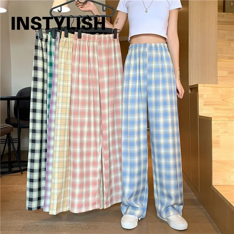 

Elegant Plaid Thin Pants Korean Elastic High Waist Wide Leg Straight Trousers Autumn Harajuku Streetwear Chic Loose-fit Pants