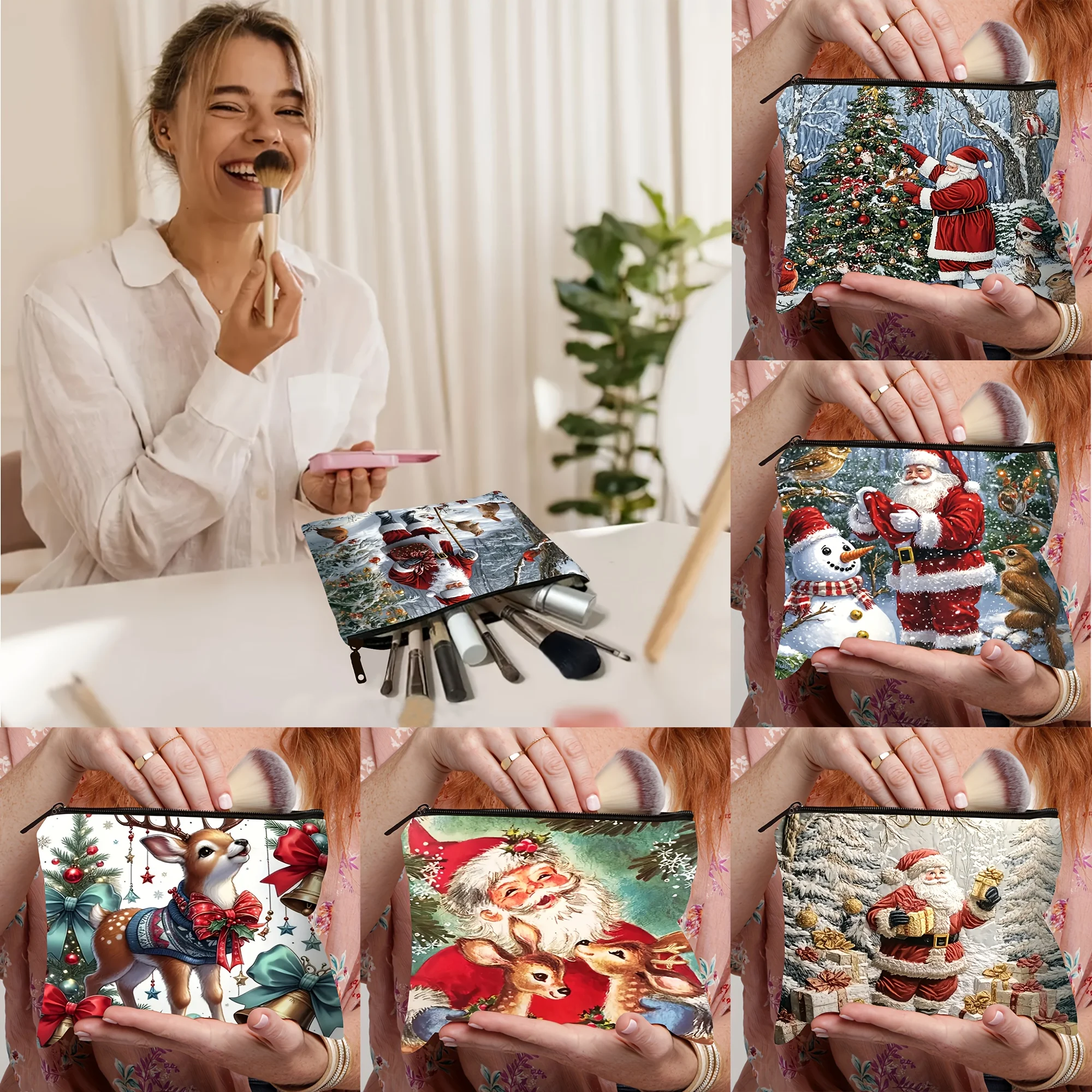 1pc Santa Claus Makeup Bag, Christmas Tree Pattern Storage Pouch, Printed with a Rabbit and Chick in a Winter Snowy