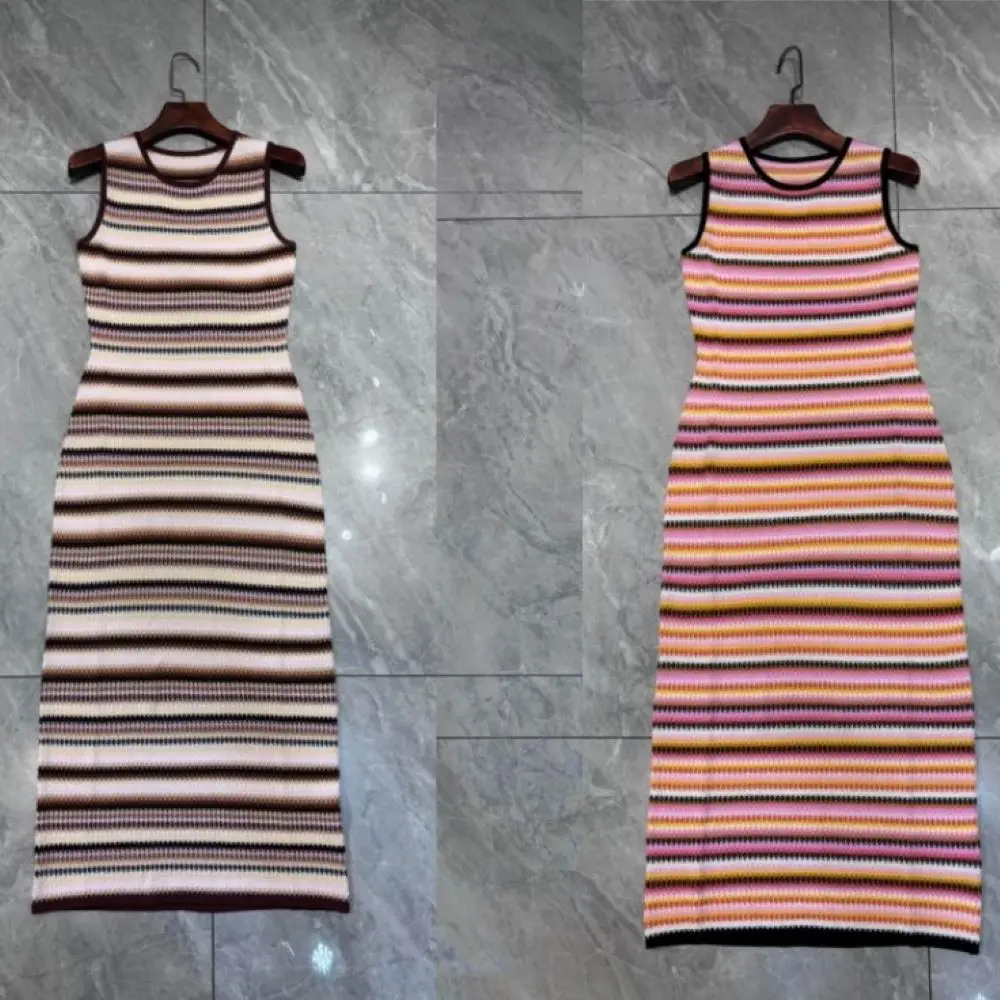 

Summer Women's Striped Knitted Midi Dress Sleeveless Round Neck Fashion Ladies Robe