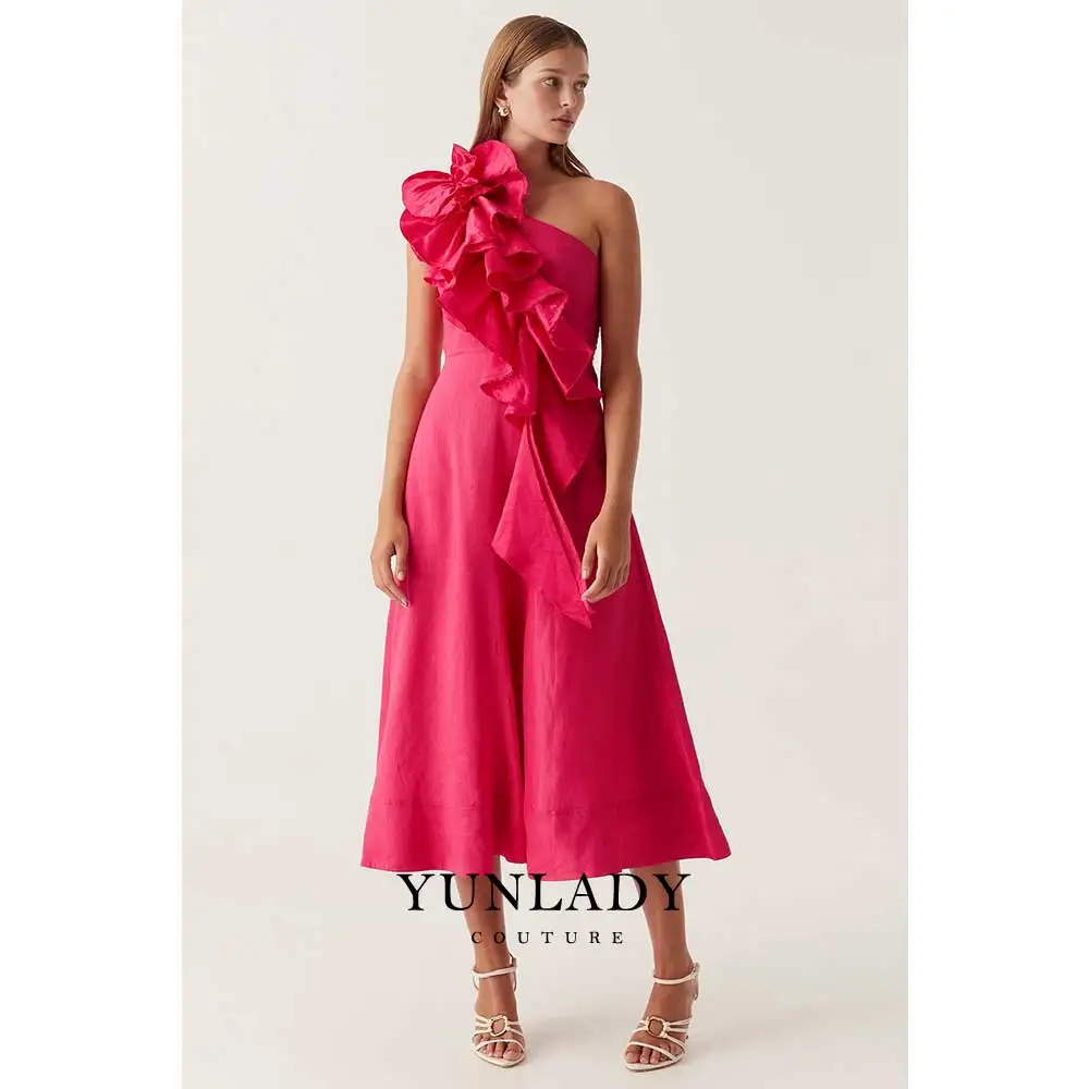 YUNLAN Gorgeous Sky Blue Satin One Shoulder Sleeve Cocktail Ball Dress 2024 Women Wedding Guest Ruffle Midi Dress Party Dress