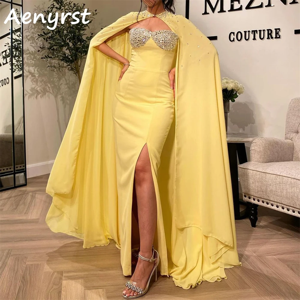 

Aenyrst Yellow Sweetheart Crystal Prom Dresses Mermaid With Jacket Split Evening Gowns Floor Length Dinner Party Dress For Women