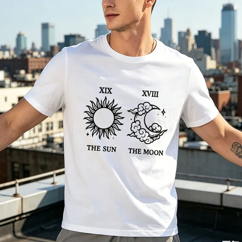The Sun And Moon Graphic Tee Celestial Tarot Astrology Line Art Spiritual Witchy Unisex Cotton Shirt Retro Short-sleeve Shirt