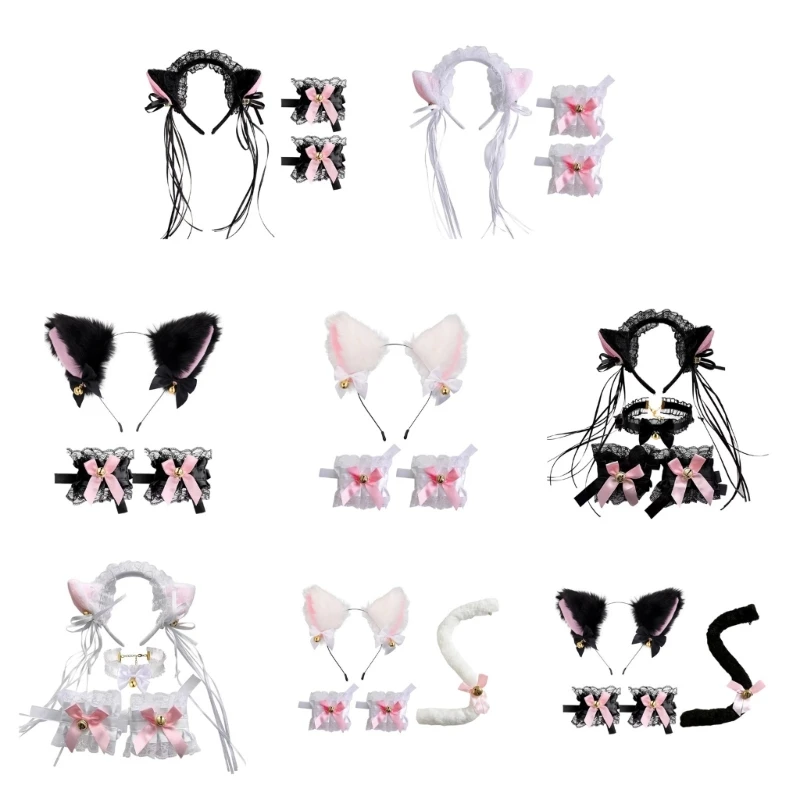 

652F Cartoon Kitten Foxes Ear Headband & Choker/Lace Cuffs/Tail Set for Party Halloween Funny Dress Cosplay Unisex