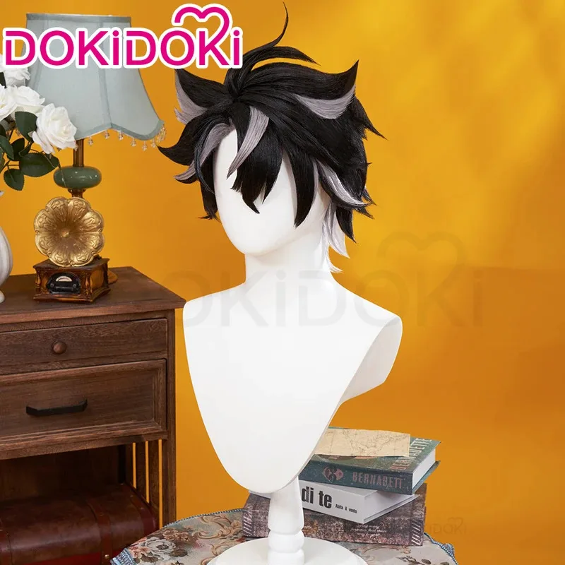 IN MAGAZZINO Wriothesley Parrucca Gioco Genshin Impact DokiDoki Uomini Capelli Corti Neri Grigi Fontaine Wriothesley Cosplay Trame con cappuccio gratuito