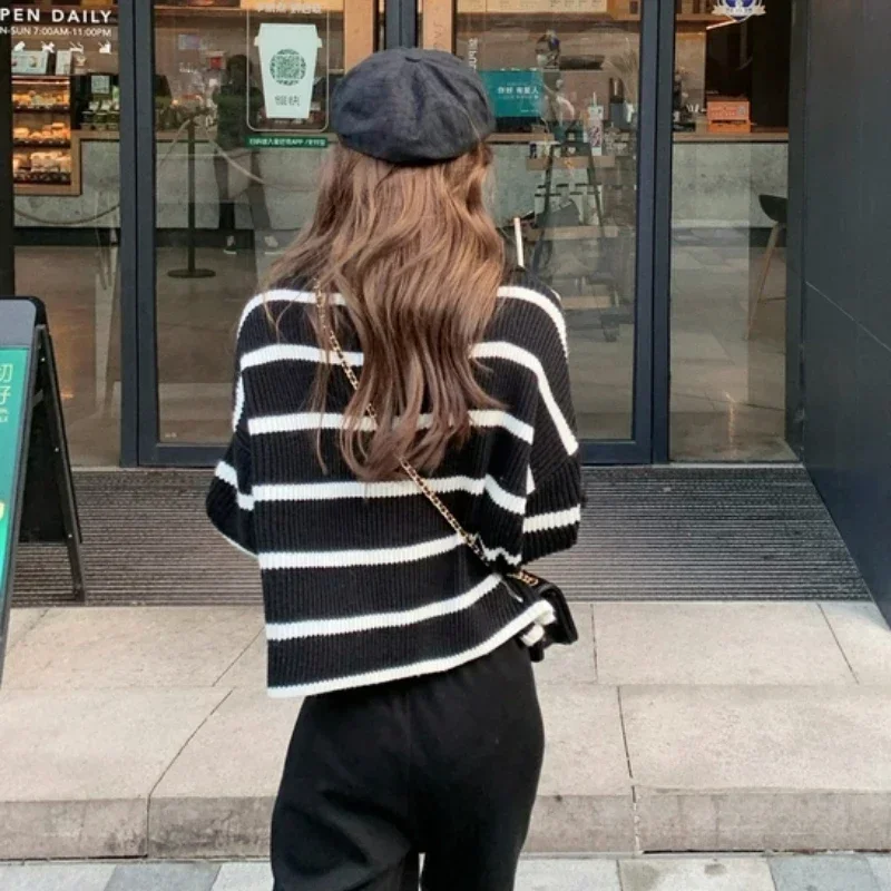 

Striped Cardigans Women Autumn Turn-down Collar Loose All-match Gentle Slouchy Vintage Streetwear Sweaters Tender Ulzzang Trendy