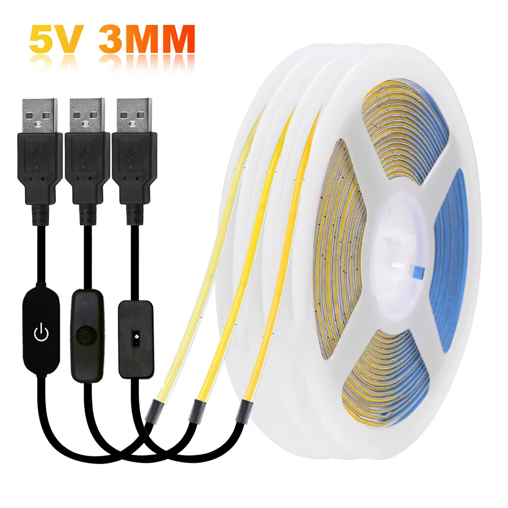 5V USB 3mm PCB COB LED Strip Light with Switch Dimmer Remote Control 320 LEDs High Density Linear Lighting Flexible Tape Lamp