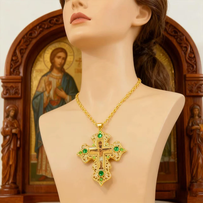Luxuriöse Orthodoxe Pektoralkreuz-Halskette, vergoldet mit violetten Kristallakzenten, Kruzifix-Ikone für Priesterliturgie & Andacht – Detail 5