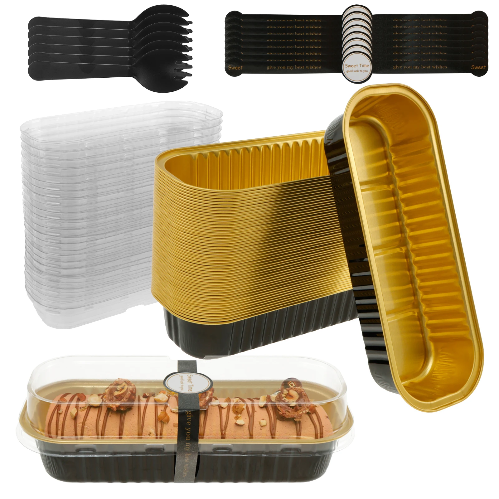 50 Stück Mini-Kastenformen aus Aluminiumfolie, Mini-Kuchenformen mit Deckel, Löffel, Dichtungsaufkleber, antihaftbeschichtet, Mini-Kasten-Backformen, Kuchenbehälter