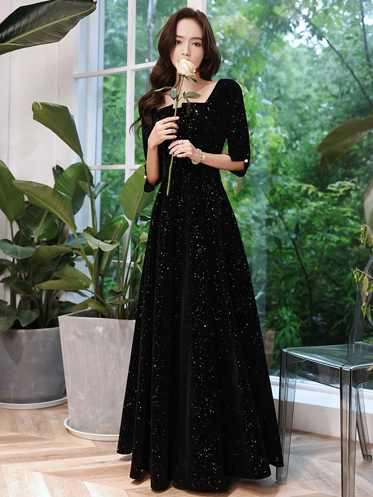 

New Starry Large Size Evening Gown Slimming Belly Covering plus Size MM Host Performance Banquet Fitted for up to 200 Pou
