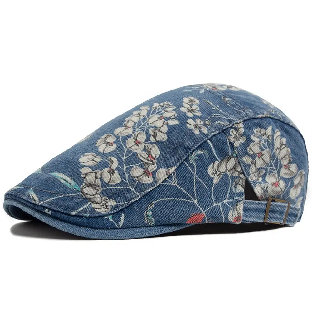 Lässige Baskenmütze mit Blumenmuster, dünne, gewaschene Denim-Schirmmütze, verstellbar, atmungsaktiv, künstlerische Mütze für Damen und Herren
