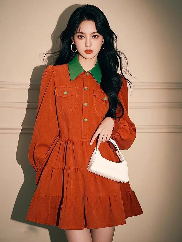 

Spring New Sle Women's Casual Orange Splice Large Collar Dr Slimming A-Line Korean Version Long Sve Collar Dr