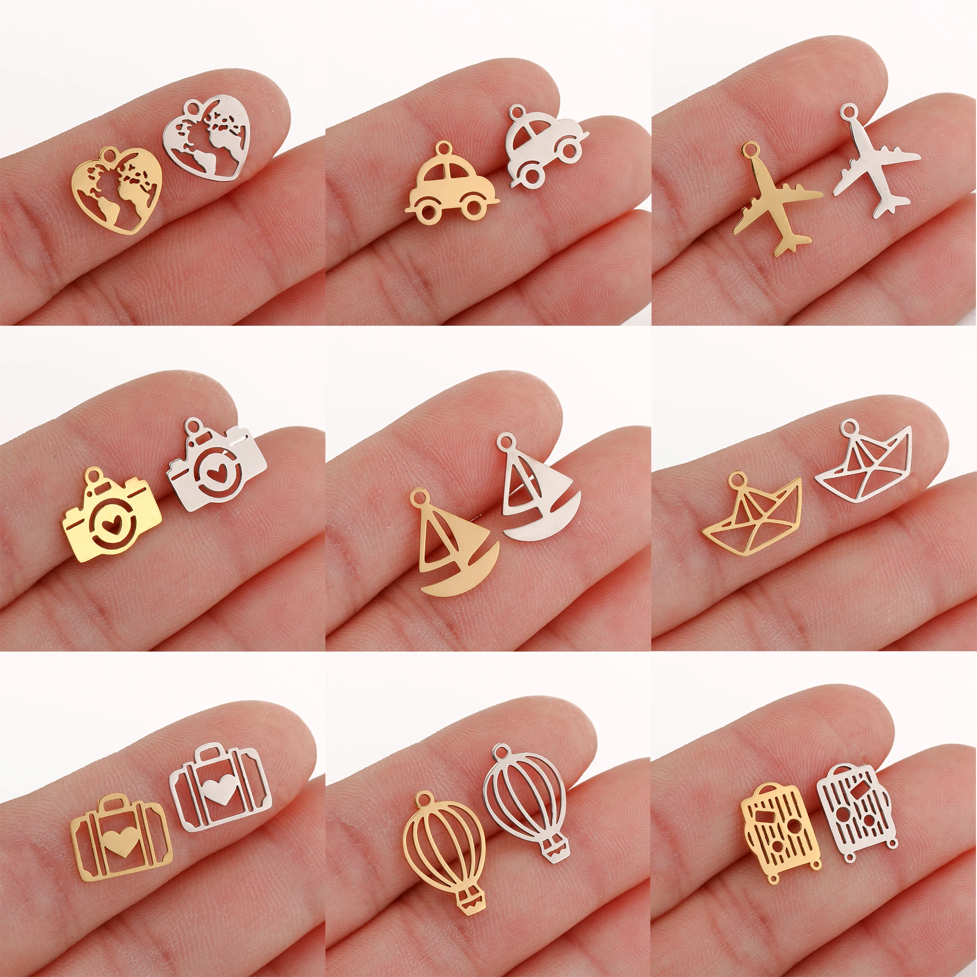 5Pcs Travel Heart Map/Airplane/Camera Charms for Jewelry Making Stainless Steel Pendant Handmade DIY Necklace Bracelet Accessory
