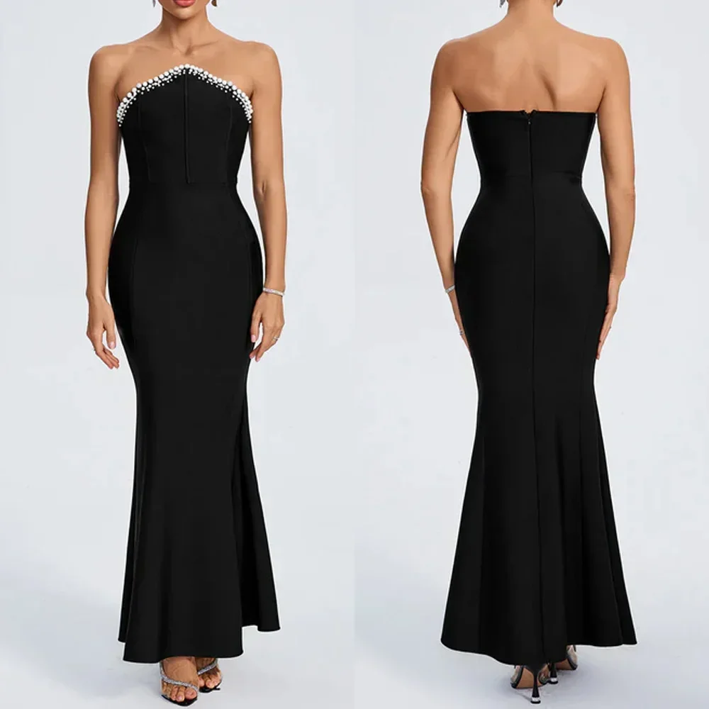 

Customized Backless Pearls Satin Sleeveless A-Line Evening Dresses Formal Modern Exquisite High Quality Prom Party Gown for Wome