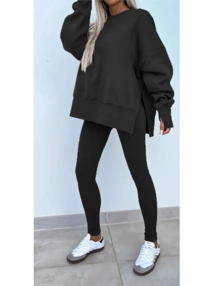 

Повседневный однотонный комплект из двух предметов для женщин, модные свободные топы с круглым вырезом + длинные брюки с высокой талией, комплекты одежды, женская осенняя спортивная одежда, новинка