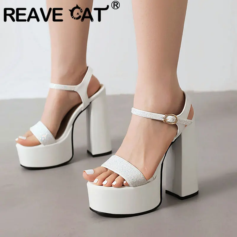 REAVE CAT Women Sandals Peep Toe Block Heels 14cm Platform Hill 5cm Rhinestone Buckle Strap Sexy Dating Shoes Big Size 41 42 43