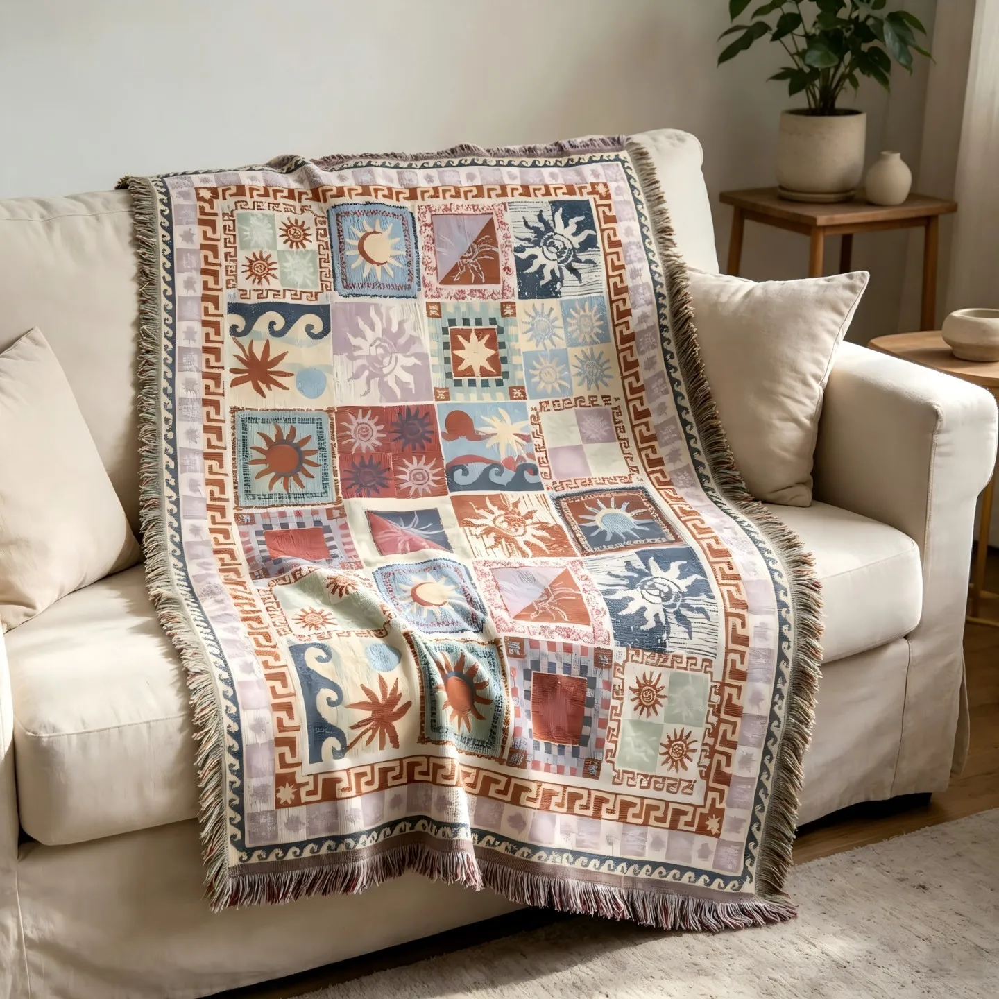 Retro Plaid Sun Woven Blanket Decor Sofa Cover Wall Decor Artistic Tapestry Hanging Painting Outdoor Blanket for Picnic Camping