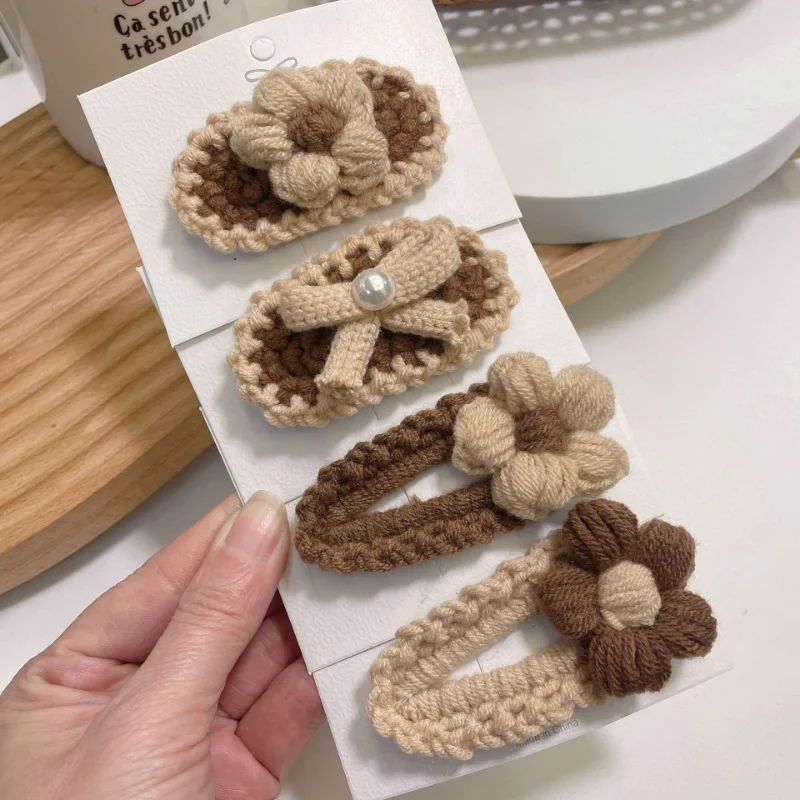 South Korea  New Cream and Coffee-Colored Hand-Woven Wool Flower Side Clip Hair Accessories Cute Girl Headdress hairpin