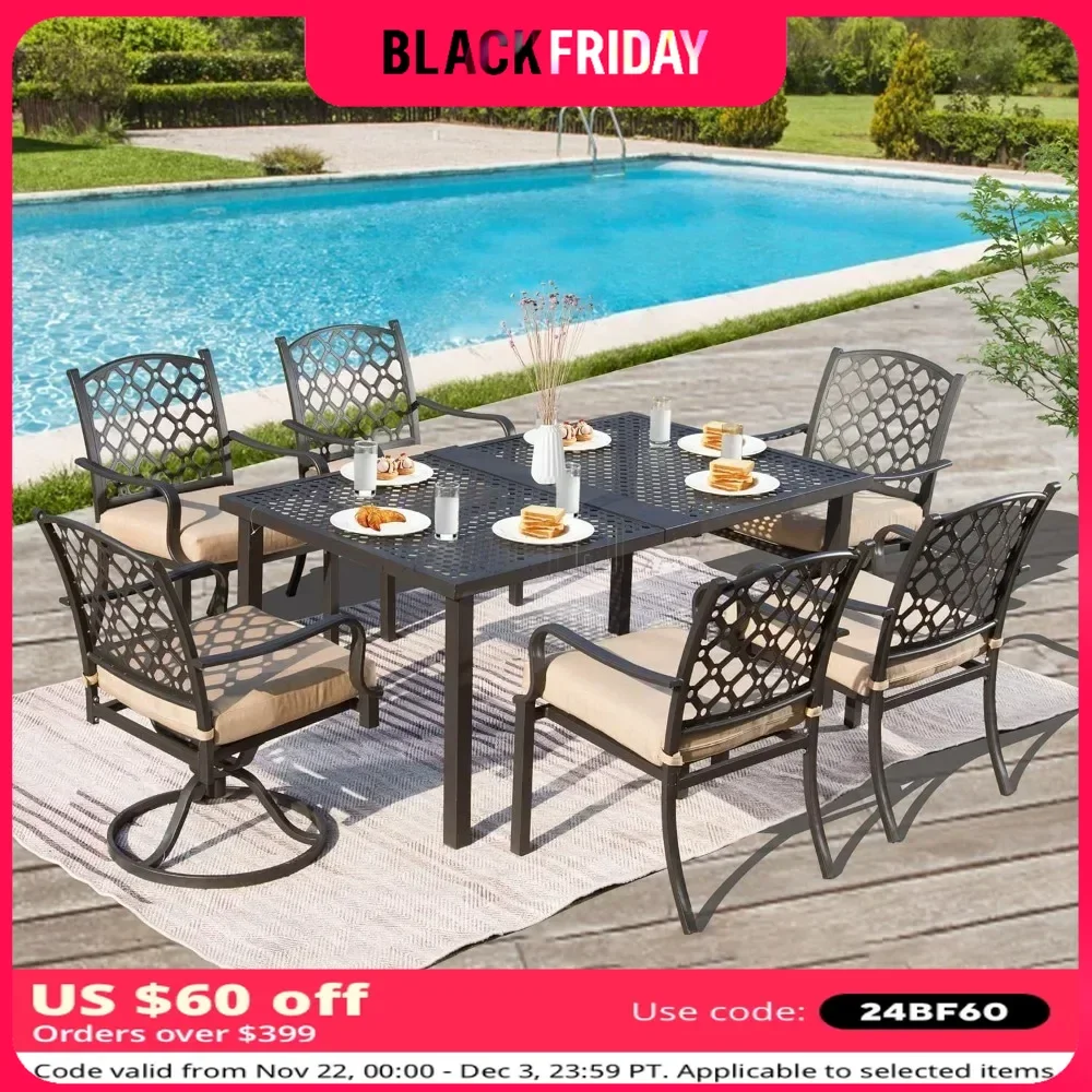 7 Pieces Patio Dining Sets All-Weather Metal Outdoor Modern with Table, Cushions-Beige, Sturdy and Durable, Outdoor Dining Sets