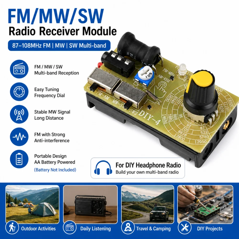 87–108 MHz FM/MW/SW Multi-Band Headphone Radio, DIY Tunable Radio Module with 3.5 mm Headphone Jack
