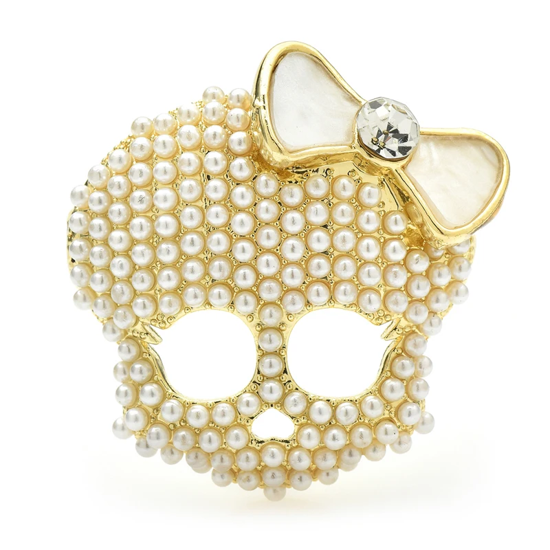 

Wuli&baby Cute Wear Bowknot Skull Brooches For Women Unisex 2-color Pearl Head Skeleton Party Casual Brooch Pins Gifts