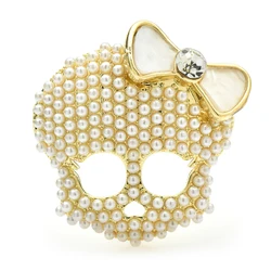 Wuli&baby Cute Wear Bowknot Skull Brooches For Women Unisex 2-color Pearl Head Skeleton Party Casual Brooch Pins Gifts