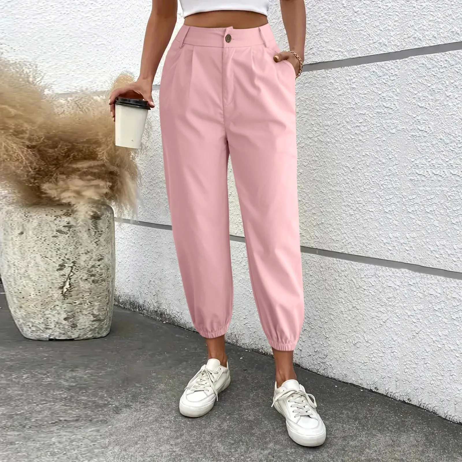 

Women Harem Pants Solid Color Zipper Slacks With Angled Pockets Straight Leg Button Trousers Business Work Cropped Trousers