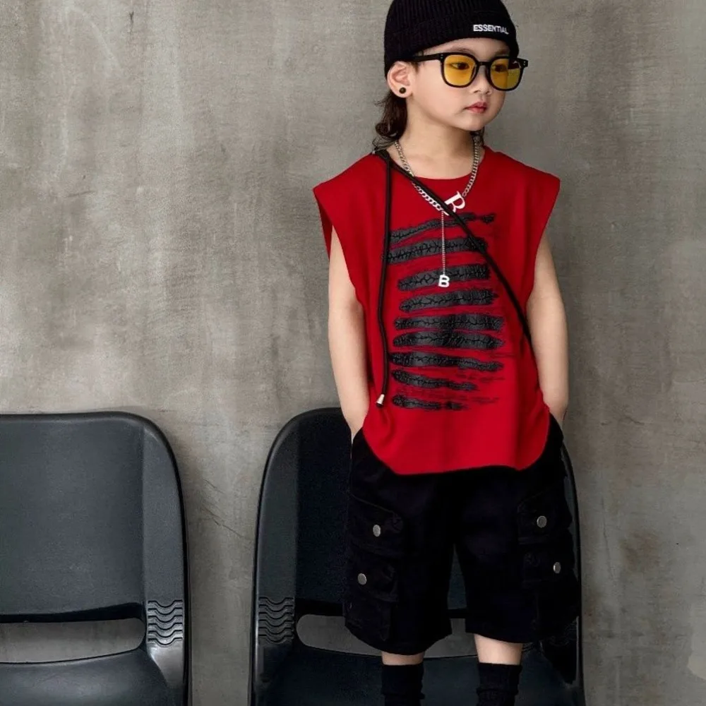 Boy's Sleeveless Shirt Shorts Set Summer Thin Fahion Street Handsome Children's Vest Tops Cargo Pants Contrasting Colors Suits